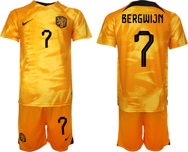 Men's Netherlands #7 Bergwijn Orange Home Soccer Jersey Suit